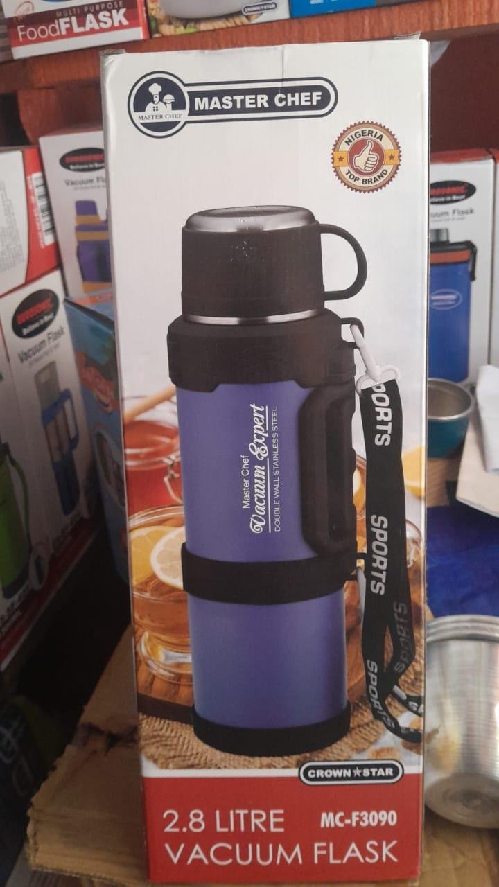Master Chef 2.8L Double-Wall Stainless Steel Vacuum Flask (Model MC-F3090) with Cup Lid, Handle & Shoulder Strap